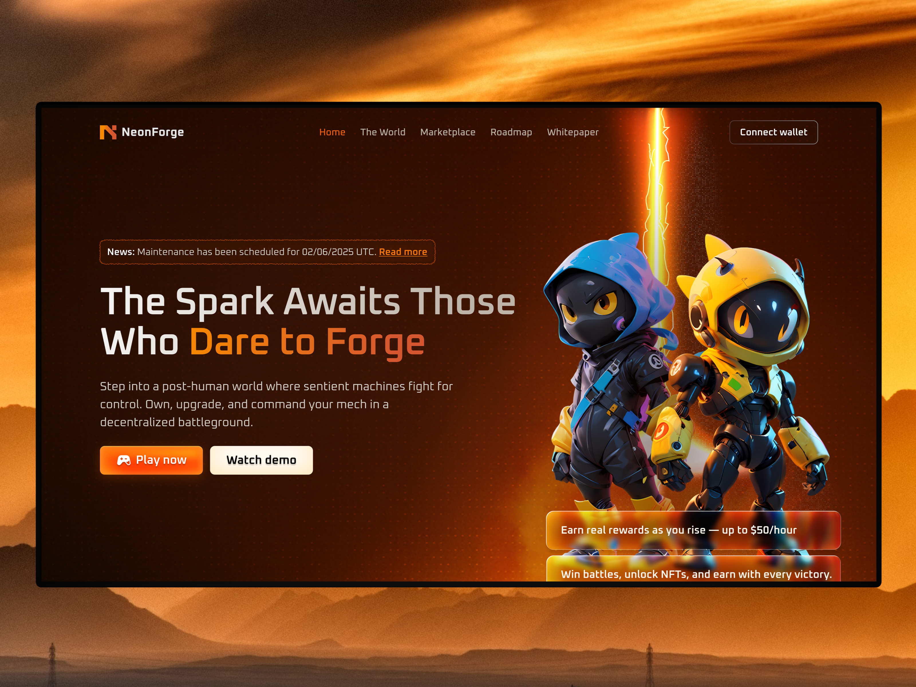 NeonForge – Web3 Mecha Game Landing Page Exploration crypto crypto game game game landing page game ui landing page modern website nft game play to earn web3 web3 game web3 gaming