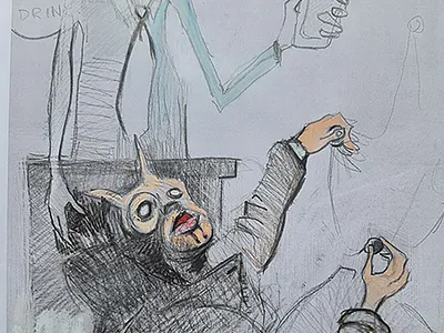 Rude waiter drawing illustration made by human surreal traditional art
