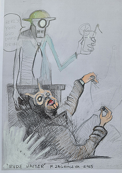 Rude waiter drawing illustration made by human surreal traditional art