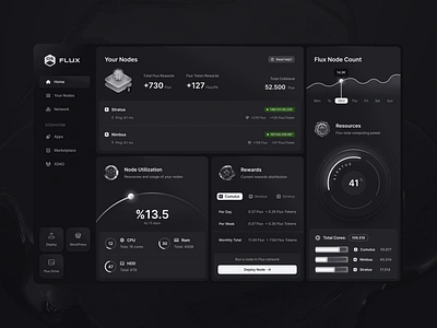 Flux OS chart cloud crypto dark dark mode dashboard flux glass monochrome neumorphism rounded server skeuomorphism stats tailwind ui design untitled ui web design web3 wordpress