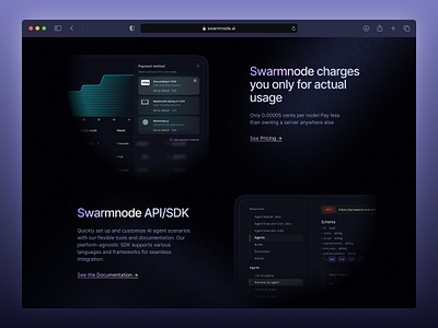 ◉ 2nd feature section - AI Agent - swarmnode.ai abstract agentic ai ai agent artificial crypto dark mode entrepreneur feature features section framer intelligence landing startup ui ui design ux ux design web 3.0 workflow