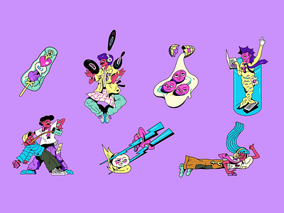 Illustration - Characters in Play Parade abstract humor art character illustration characters comic style digital illustration drawing dynamic poses expressive characters funky illustration graphic artwork illustration imaginative world modern cartoon playful design quirky art storytelling art stylized people surreal figures youth culture