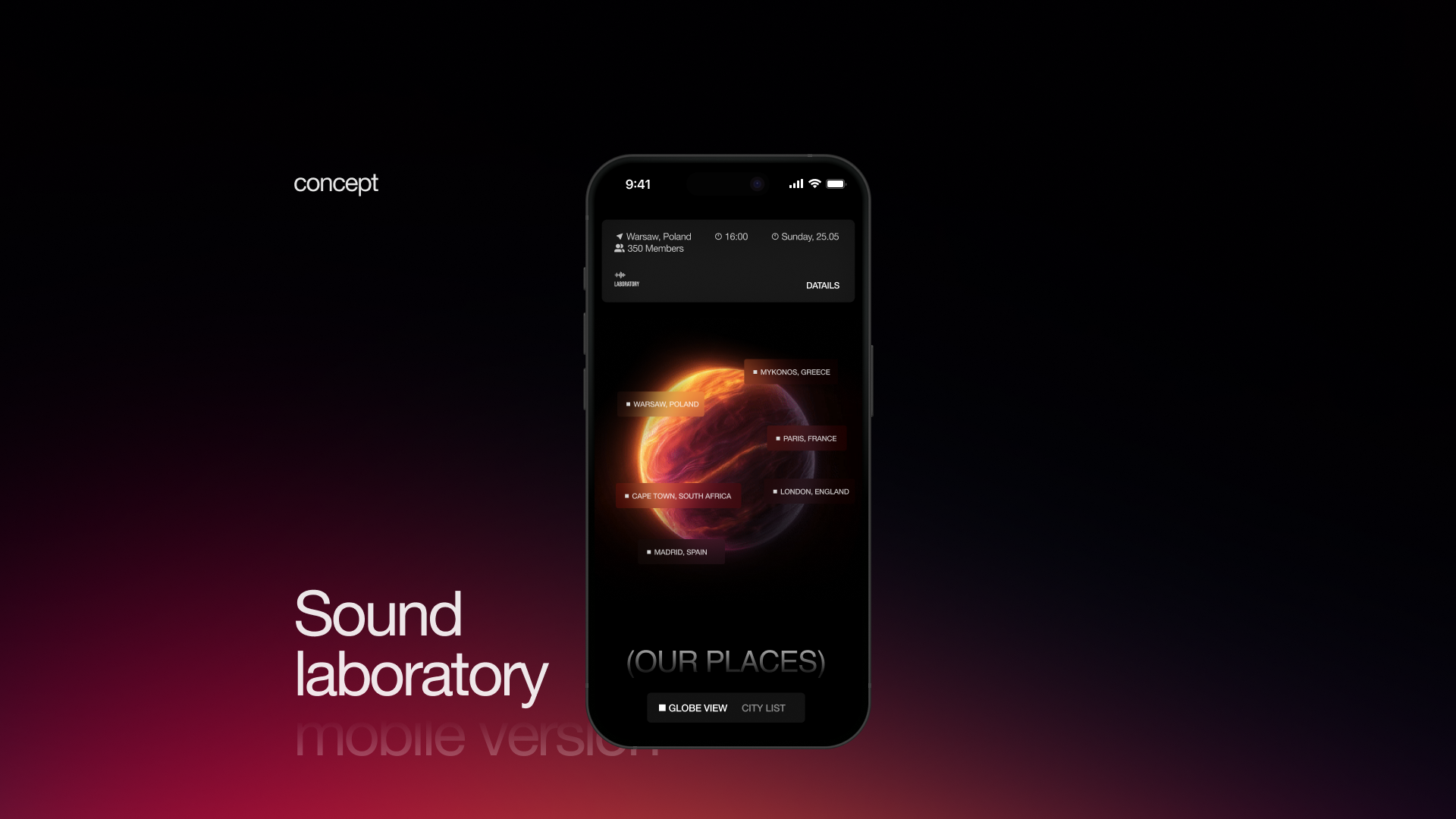 Sound Laboratory 3d agency animation app concept crypto darkmode globe ios landing mobile musicapp saas swiftui ui ux web web design