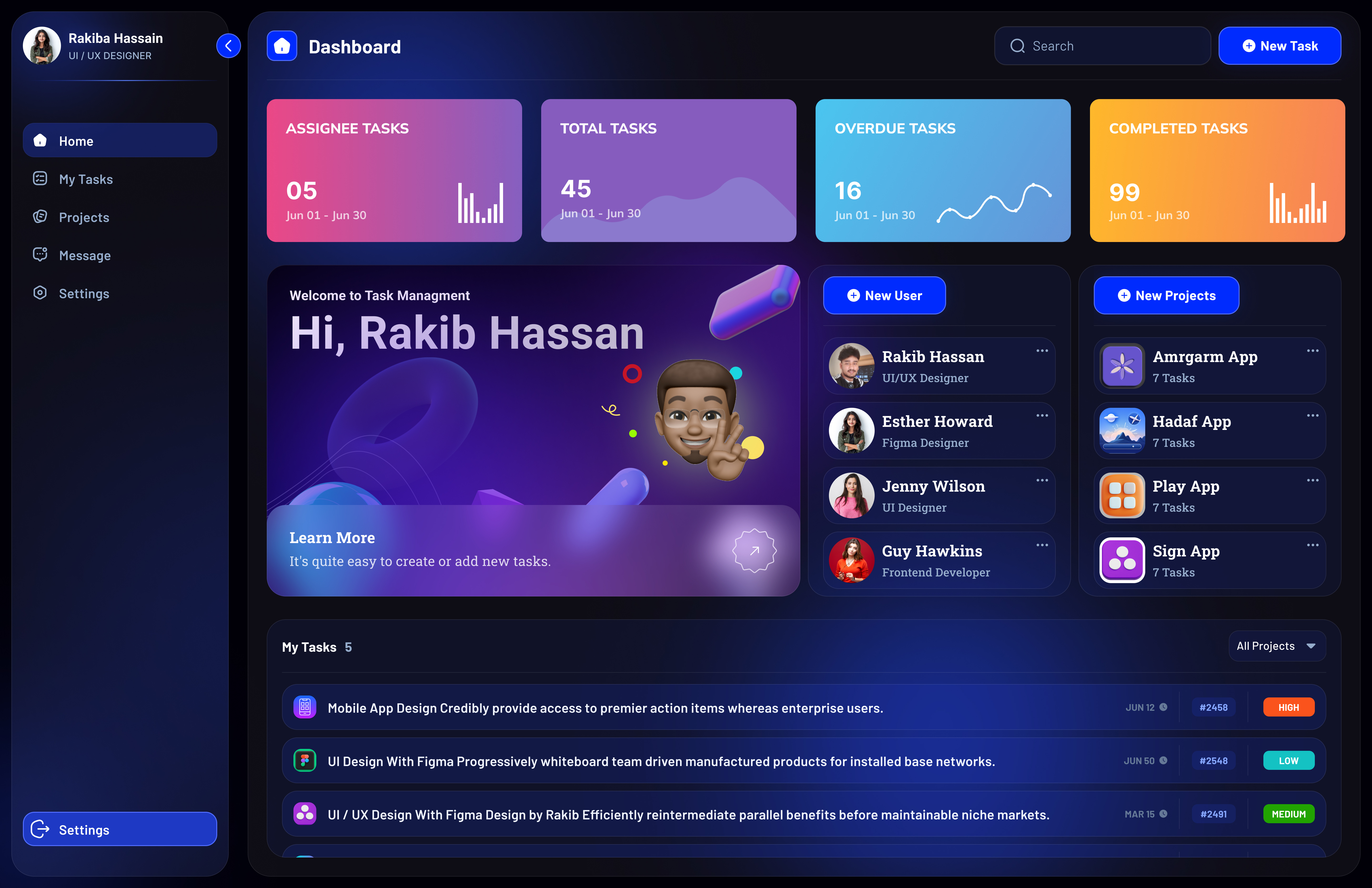 Dark Mode Task Management Dashboard – Modern UI for Productivity adminpanel cleanui darkmodeui darktheme dashboardui figmadesign interfaceinspiration modernui productivityapp projecttracker rakibdesign saasdashboard taskmanagement uidesign uiuxdesigner uxdesign uxuidesign webappui workflowdesign