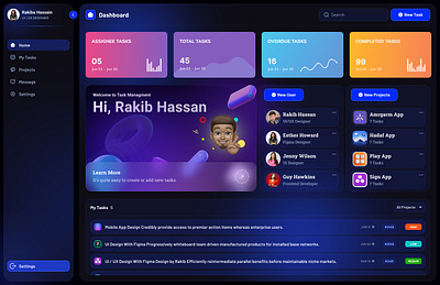 Dark Mode Task Management Dashboard – Modern UI for Productivity adminpanel cleanui darkmodeui darktheme dashboardui figmadesign interfaceinspiration modernui productivityapp projecttracker rakibdesign saasdashboard taskmanagement uidesign uiuxdesigner uxdesign uxuidesign webappui workflowdesign