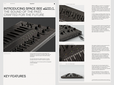 Sleek Synth Product Page clean sidebar ecommerce ready feature stack grid layout hardware showcase headline contrast image focus industrial vibe minimal interface modular grid product landing responsive typography spec section split hero tech storytelling ui design ux clarity ux design visual hierarchy