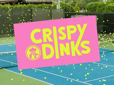 Crispy Dinks / Pickleball for Clucks! brand by hand chicken logo crispy dink dinks fun branding fun logo liquid death off beat pickle ball pickleball pickleball branding pickleball logo quirky racket racketball sports branding sports logo tennis tennis logo