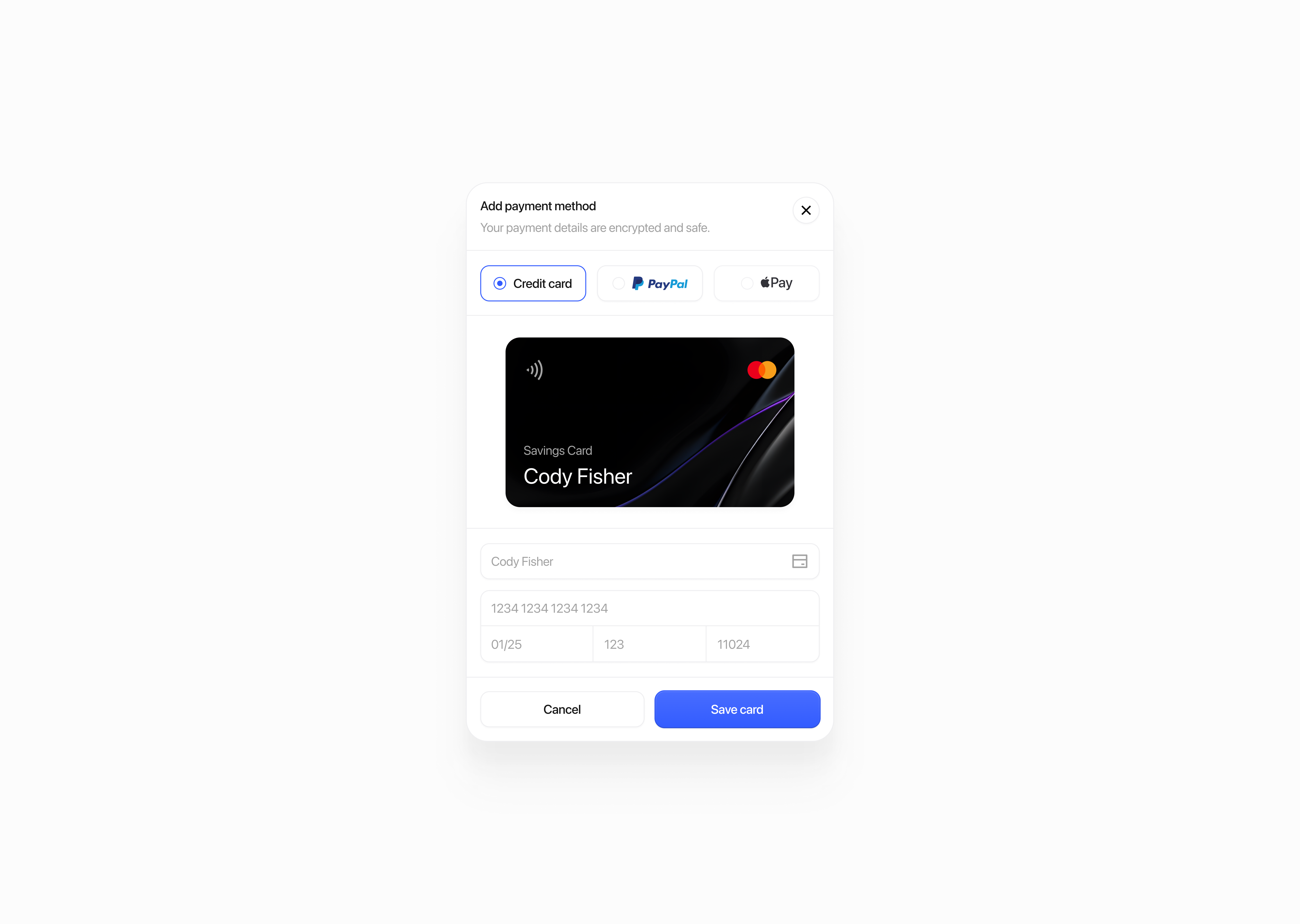 Example of Add payment method modal