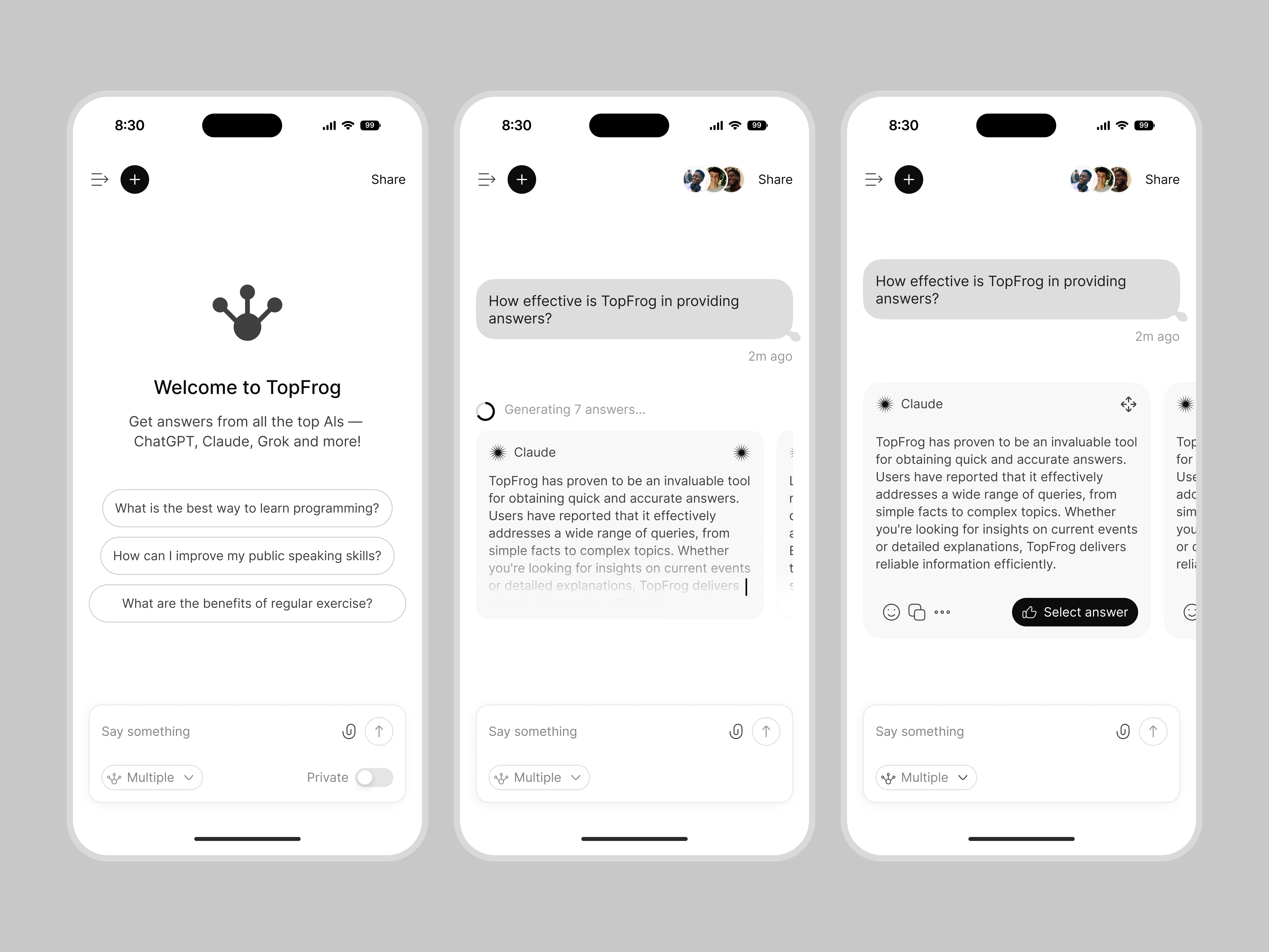 🤖 TopFrog – Multi-AI Answer Platform UI ai aidesign app artificialintelligence chat bhot chatgp cleanui dailyui daly ui design mobile app neumorphism ui ux