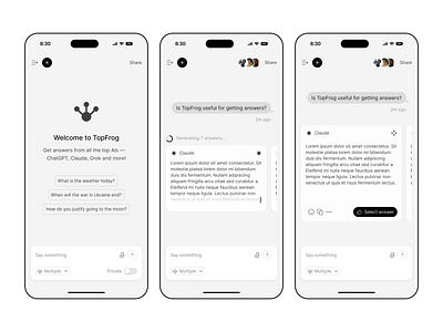 🤖 TopFrog – Multi-AI Answer Platform UI ai aidesign app artificialintelligence chat bhot chatgp cleanui dailyui daly ui design mobile app neumorphism ui ux