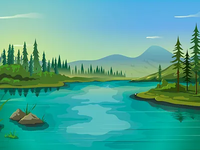 lakeside 2dvill background illustration lake lakeside mountains nature pinetrees vector