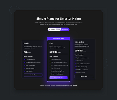 Smart Hiring Platform – Pricing Plans UI clean ui hiring platform job platform pricing pricing module pricing table product design recruitment saas smart hiring ui design ui inspiration user experience user interface web app