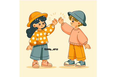 Cartoon Boy and Girl Giving High Five celebration character cheers child collaboration expression five friends gesture greeting hand head meeting palm push salute slap success team teamwork