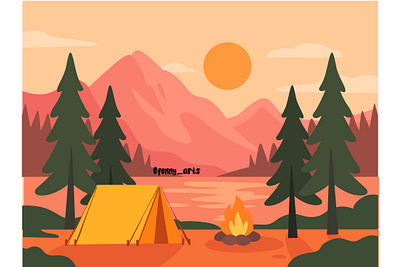 Yellow Tent with Cozy Campfire Background autumn bonfire campfire camping cartoon event expedition fall fire forest hiking holiday mountain pine season tent tourism tree trip wilderness