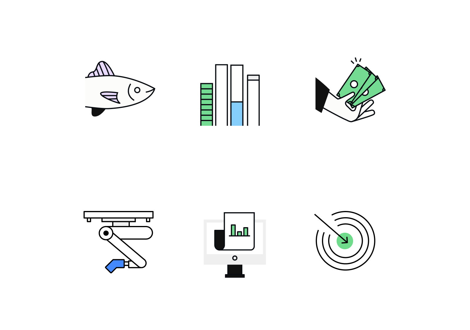 Icons analytics automation blackline cash charts computer fish goal graph graphic hand head iconagraphy icons line money outline random robot