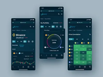 Luner - Cryptocurrency real-time prices blockchain branding design crypto cryptocurrency dark dark shame design logo mobile mobile design mobile ui money technologies ui ui design ux ux design web app web application