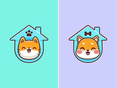 Cat and Dog Petshop Logo🐱🐶🏠 animals branding building cat cozy house cute dog doodle face animal flat grooming house icon illustration kitten logo pet shop puppy shop store