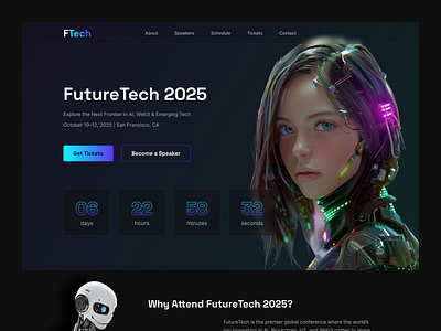 FutureTech 2025 – Landing Page Design ai conference daily ui dark mode ui figma design future tech gradient design hero section interface design landing page neon ui product design tech ui ui ui design ux ux ui design web web design website website design