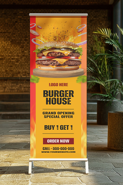Burger House Roll Up Banner Design branding burger corporate creative design graphic design house modern design professional roll up roll up banner roll up banner design unique design vector
