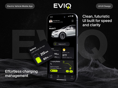 EVIQ — SMART, SEAMLESS EV APP UI EXPERIENCE elecrtical vehicle ui ev figma design futureofmobility mobile app design user experience