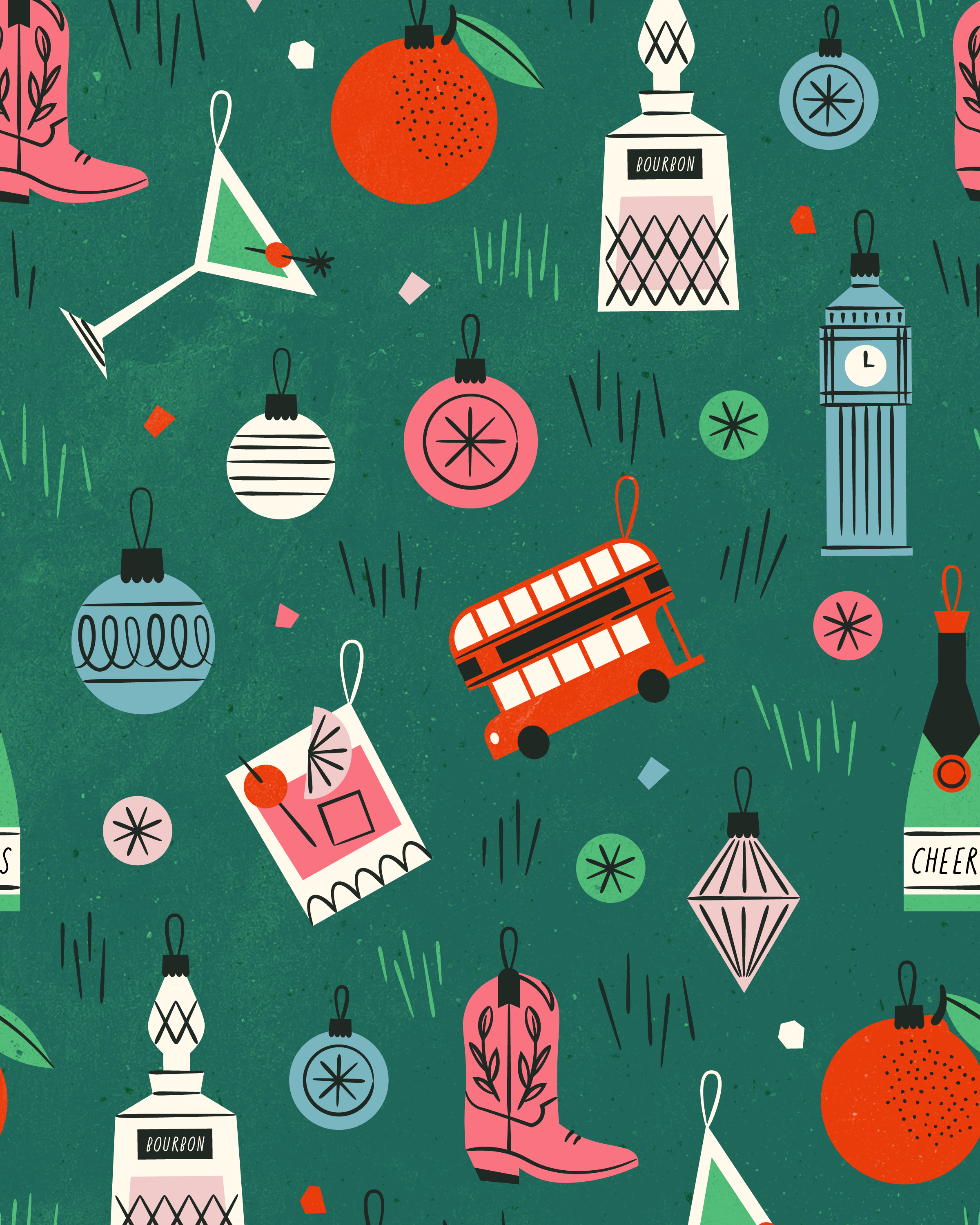 Christmas Ornament Illustrated Pattern big ben bus christmas cocktails feminine hand drawn holiday illustration lifestyle london mid century ornaments painted surface pattern texture tree vintage