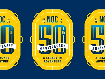 NOC - 50th Anniversary Badge Concept anniversary badge branding clean emblem graphic design logo raft seal typography vector whitewater