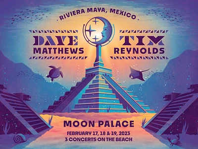 Dave Matthews & Tim Reynolds 2023 Riviera Maya Branding atlantis dan kuhlken dave matthews deep dkng dkng studios fish geometric illustration mayan mexico nathan goldman ocean ruins tim reynolds underwater vector