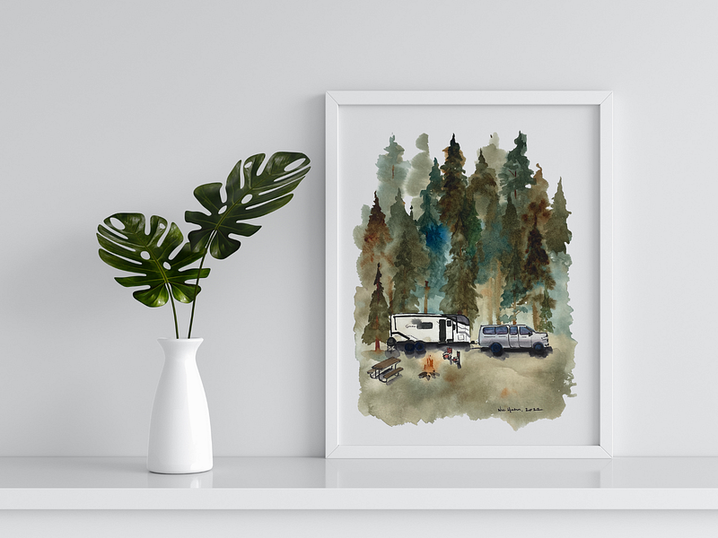 Camping in the Pines commission painting watercolor watercolor painting