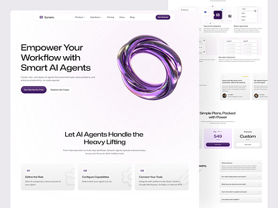 Synera - Ai Agent Landing Page Design 3d shape abstract shape ai ai agent clean design minimalist purple simple tech ui ux