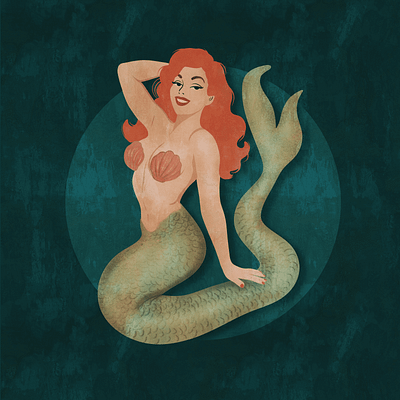 Vintage Mermaid cute fantastic character fantasy fish graphic design holidays illustration mermaid ocean pin up poster retro sea seashells summer vintage whimsical woman