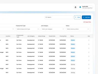 Vacancy Data – Filtering adminpanel dashboardui filterui hrdashboard minimalinterface recruitmenttool uxdesign vacancymanagement webappdesign yeedevstudio