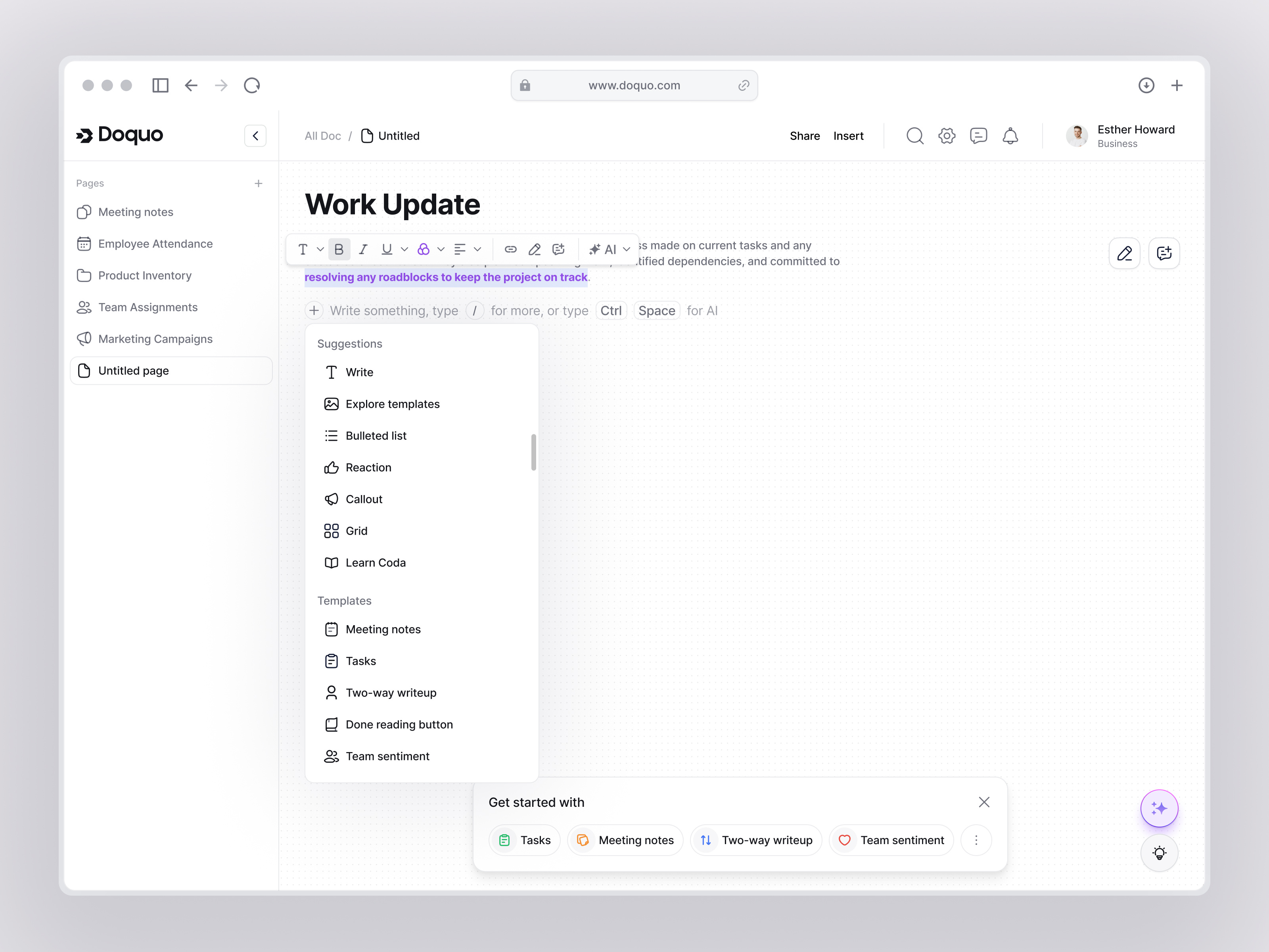Doquo - Work Update SaaS Screen Design filllo note organise project management saas task management task update team task ui design user side ux design work work update workspace