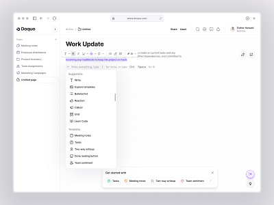 Doquo - Work Update SaaS Screen Design filllo note organise project management saas task management task update team task ui design user side ux design work work update workspace