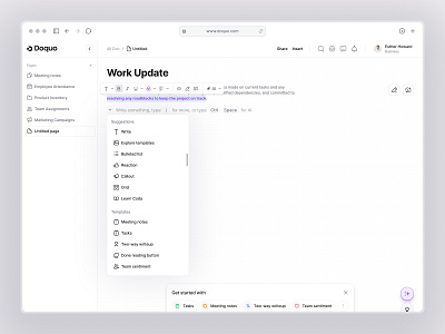 Doquo - Work Update SaaS Screen Design filllo note organise project management saas task management task update team task ui design user side ux design work work update workspace