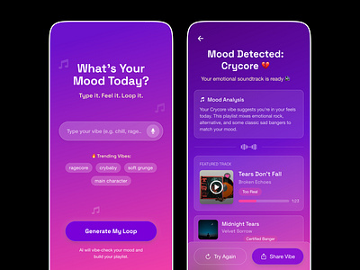AI Mood to Music App ai ai analysis ai generated app design gen z genz mobile mobile app music music search music tagging musictech playlist product design spotify ui ux vibe visual design web design