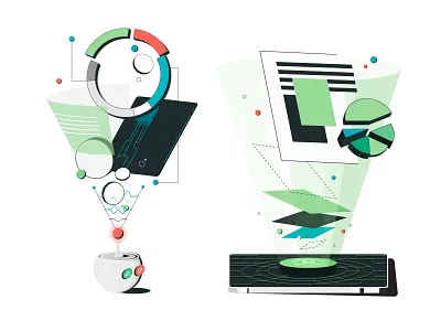 Tech-nicolor b2b illustrations charts design documents fintech hologram illustration illustration style illustrator infographics palette quote robots tech