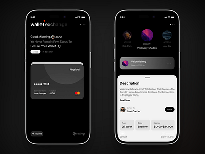 Dark Mode Wallet UI — Crypto Meets Art cryptoui cryptowallet darkmodeui digitalart figmadesign fintech minimaldesign mobileapp nftcollection nftdesign productdesign uidesign uxdesign walletapp