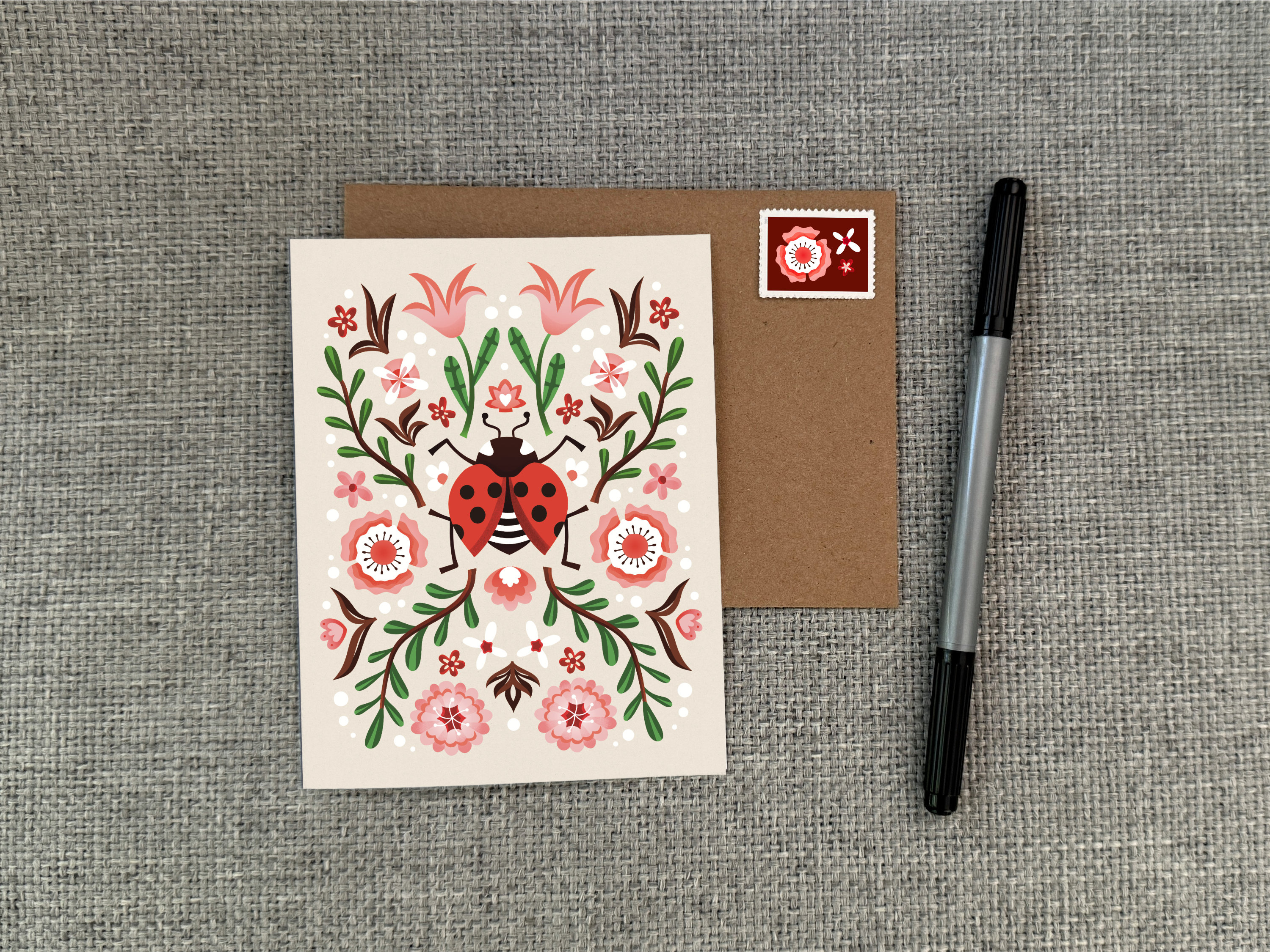Lucky Lady Folk Illustration botanical digital illustration floral folk art graphic design green greeting cards illustration lady bug ladybug nature pink red stationery stickers symmetry vinyl stickers wall art