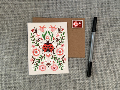 Lucky Lady Folk botanical digital illustration floral folk art graphic design green illustration lady bug ladybug nature pink red stickers symmetry