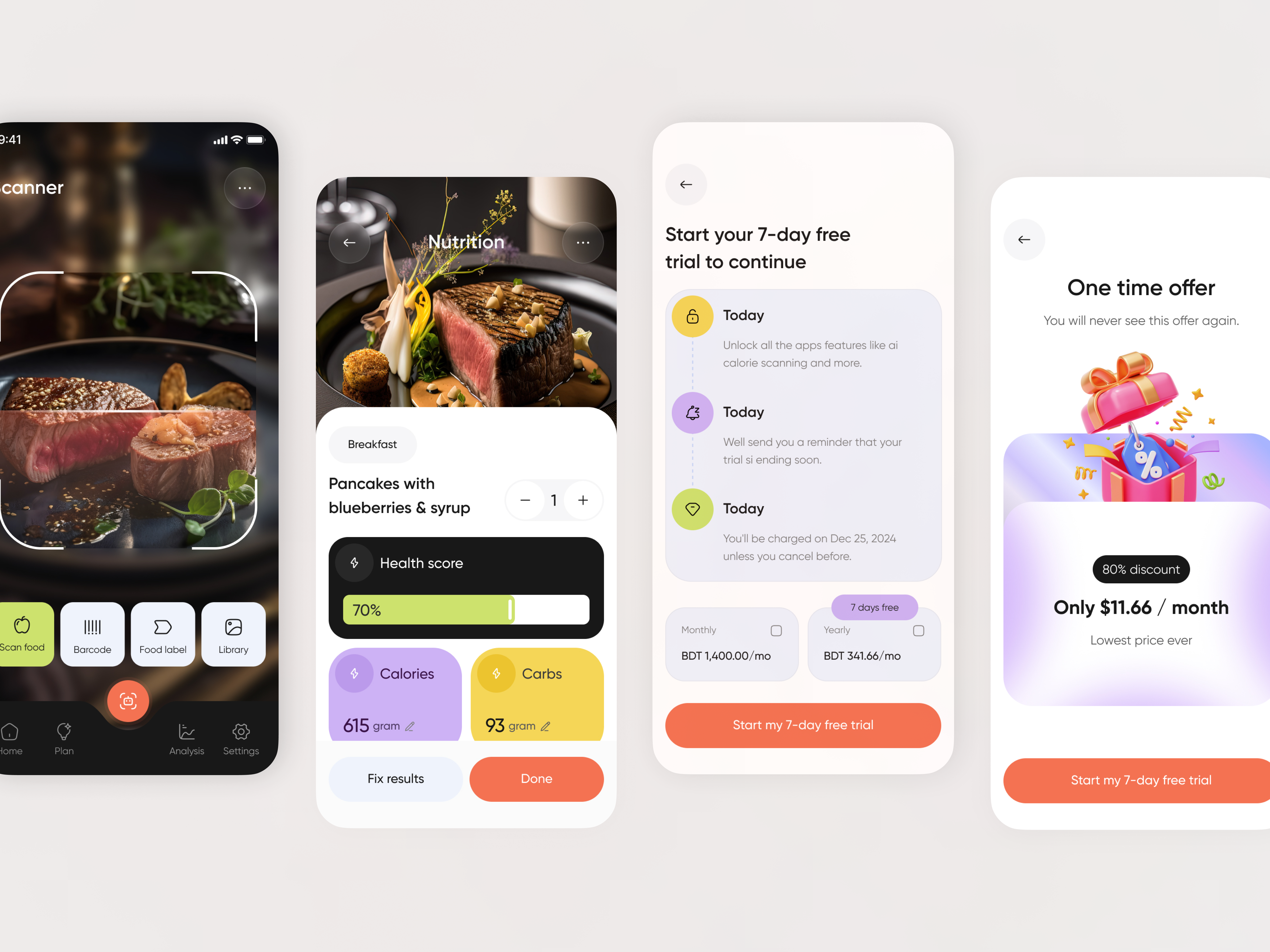 AI Calorie Counter – Plan Setup & Offer Screens 7 day free trial ai calorie counter app design calorie tracker design clean app design fitness app ui food app free trial offer health tracker app mobile app mobile app design mobile app ui mobile ui nutrition tracking wellness app ui