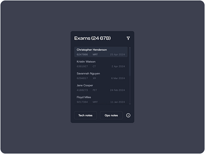 Exam Overview Screen cassius system ui clinical exam summary date based filtering ux design exam dashboard filterable data view healthcare admin panel medical notes ui modern emr design modular dashboard layout patient exam records status tag components structured medical cards tech notes ops notes timeline interface ui user experience ux uxui