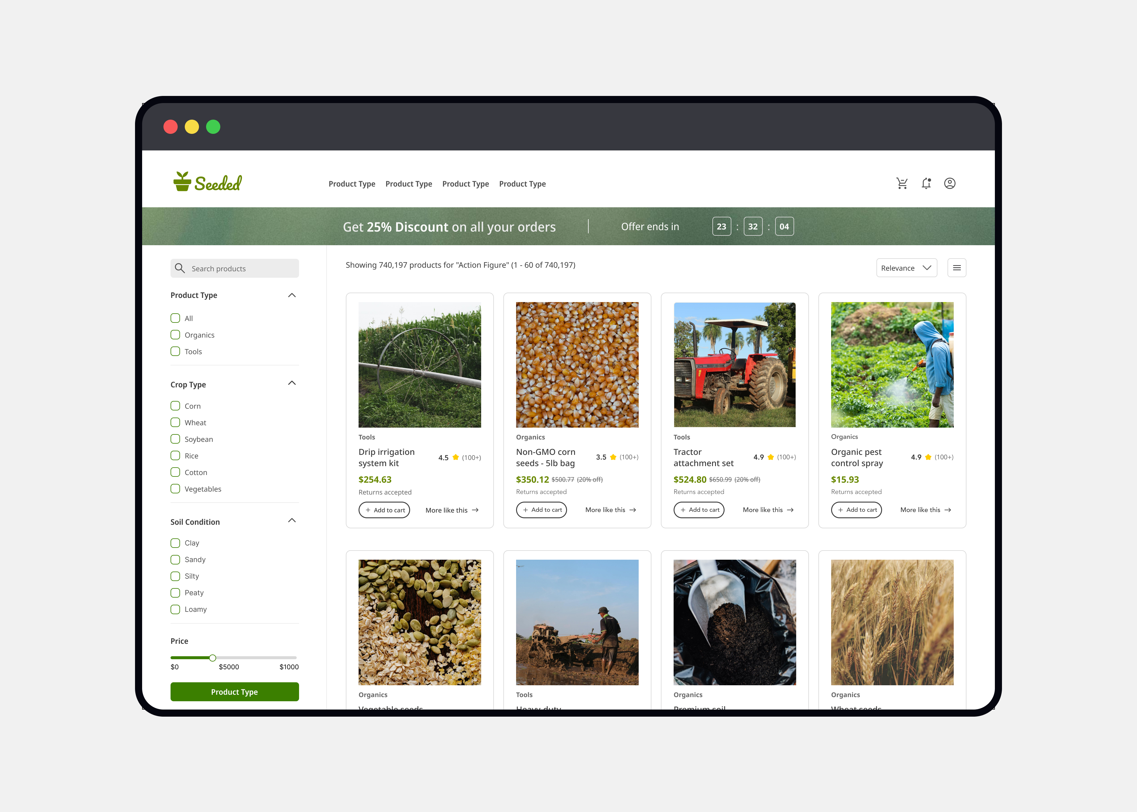 Seeded - Agricultural Product Catalog Page design ecommerce lightmode macos product catalog ui ux