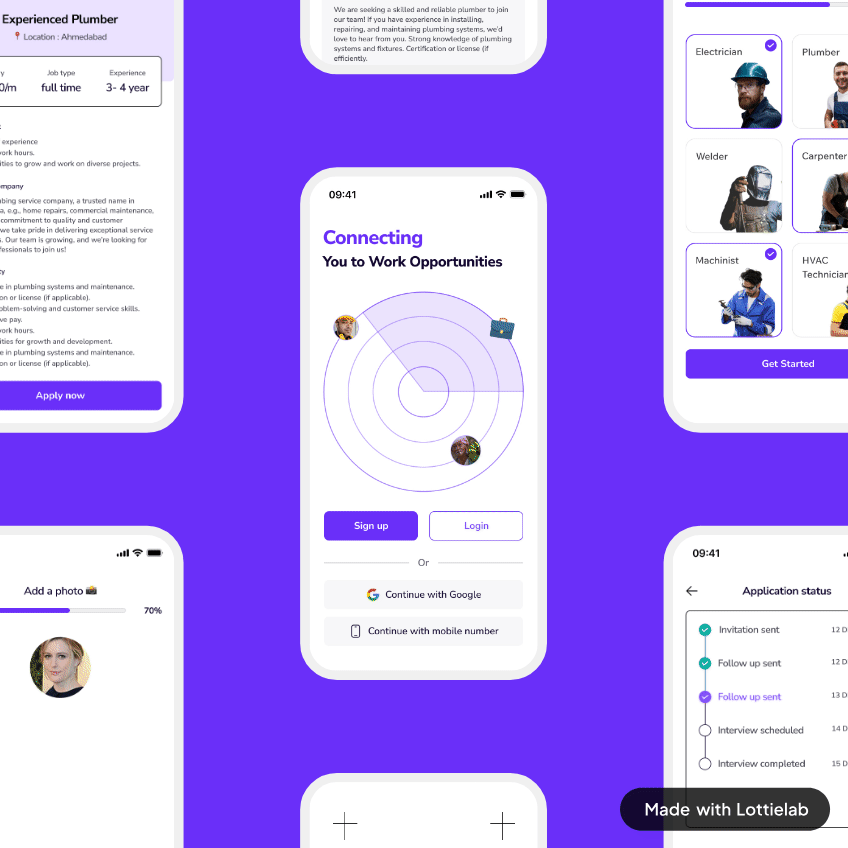 Blue-Collar UX, Reimagined – Mobile Hiring Experience animation bluecollarapp cleanui dribbbleshots figmadesign jobmatchingapp minimaldesign mobile mobileappdesign productdesign uiuxdesign uxcasestudy uxtrends2025 uxuidesigner