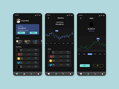 Smart Stock Trading App – Real-time Market & Portfolio Dashboard app darkmodeui financeui graphic design investmentapp mobileui stockapp stockmarket ui uxdesign