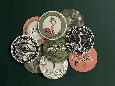 The Pink Feather Coasters bar bar branding bar coaster bar merch brand collateral brand identity brand merch branding coaster coaster design drink coaster flamingo paper coaster restaurant restaurant branding speakeasy visual identity
