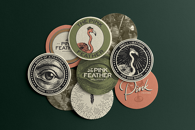 The Pink Feather Coasters bar bar branding bar coaster bar merch brand collateral brand identity brand merch branding coaster coaster design drink coaster flamingo paper coaster restaurant restaurant branding speakeasy visual identity