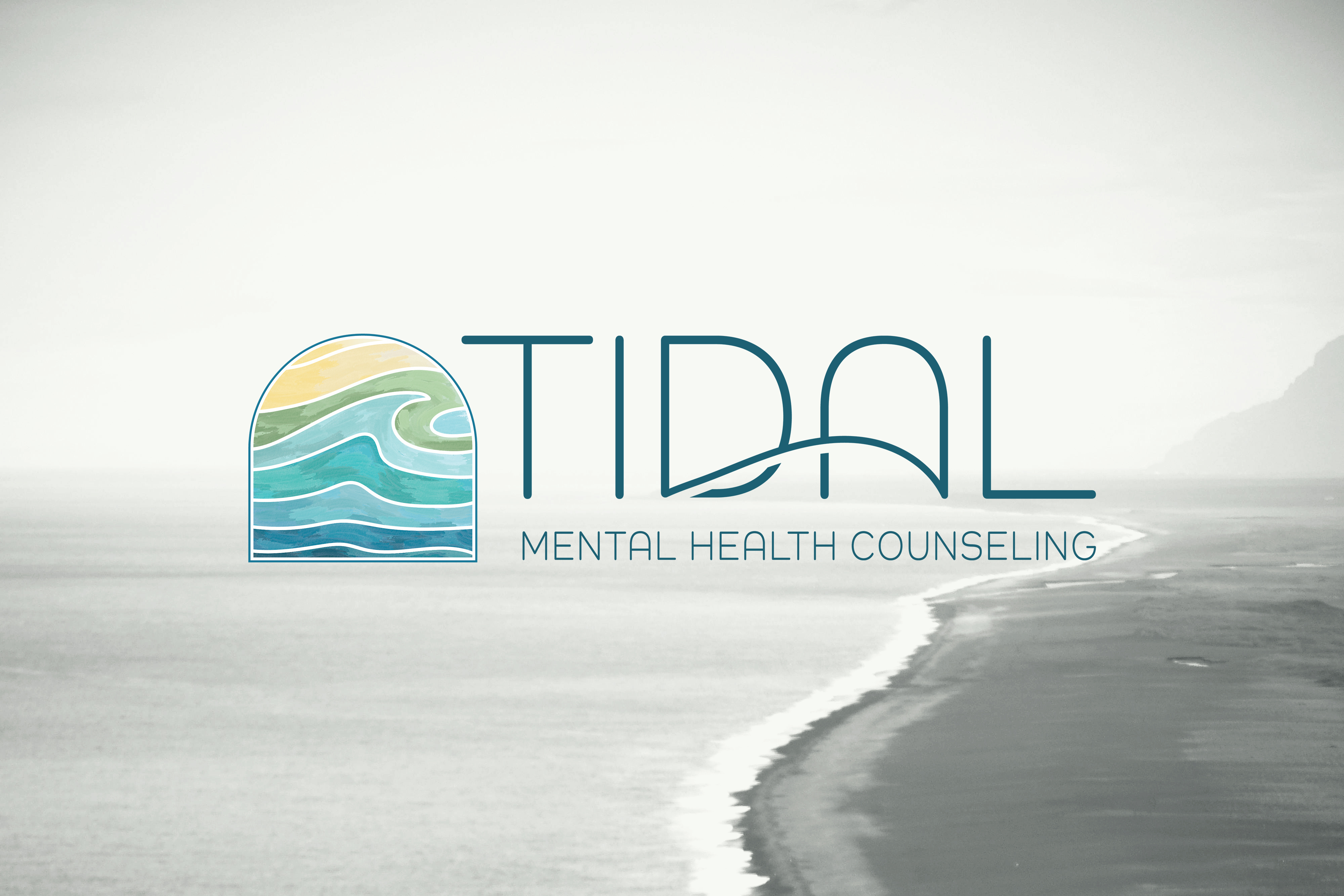 Tidal Mental Health Counseling Logo beach blues branding calming clean and simple logo graphic design greens line art logo design minimalist logo ocean peaceful shoreline simple lettering simple logo vector art watercolor wave yellows