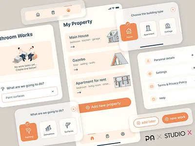 Smart Renovation App — UI Design app design clean design construction app design system home improvement app illustration interface design light ui minimal ui mobile app product design project management app real estate ui renovation app soft colors ui design user experience ux design