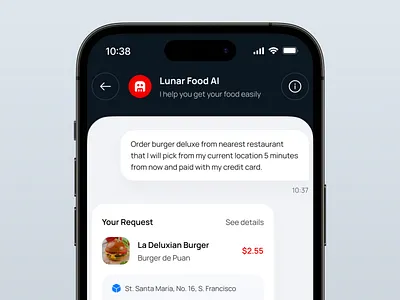 Lunar - Chatbot App for Ordering Foods ai app design artificial intelligence chat app chat bot chat gpt chatbot chatbot app conversational ui delivery app food app food delivery food order message app mobile mobile app order app restaurant app ui ui design