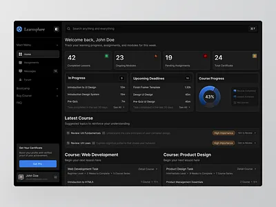 Learnsphere - Course Dashboard chart clean cleandesign coursetracker darkui dashboard dashboard design edtech edtechui educationplatform graph learning dashboard learningapp mockup onlinecourse platform product design ui uiux uxdesign